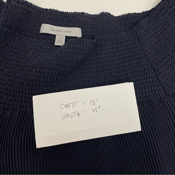 CLASSIQUES ENTIER Navy Chiffon Smocked Off Shoulder Pleated Lace Hem Top sz M - Picture 7 of 9